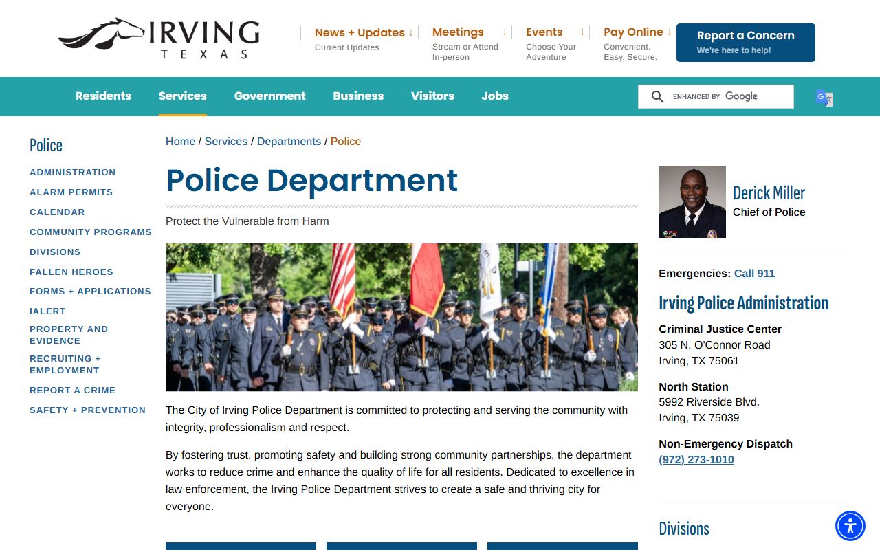 Irving Police Department website for police blotter records