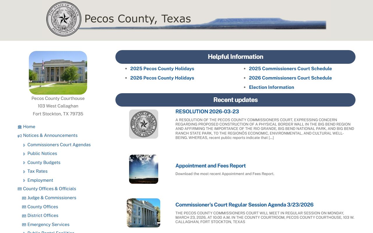 Pecos County official website for police blotter records