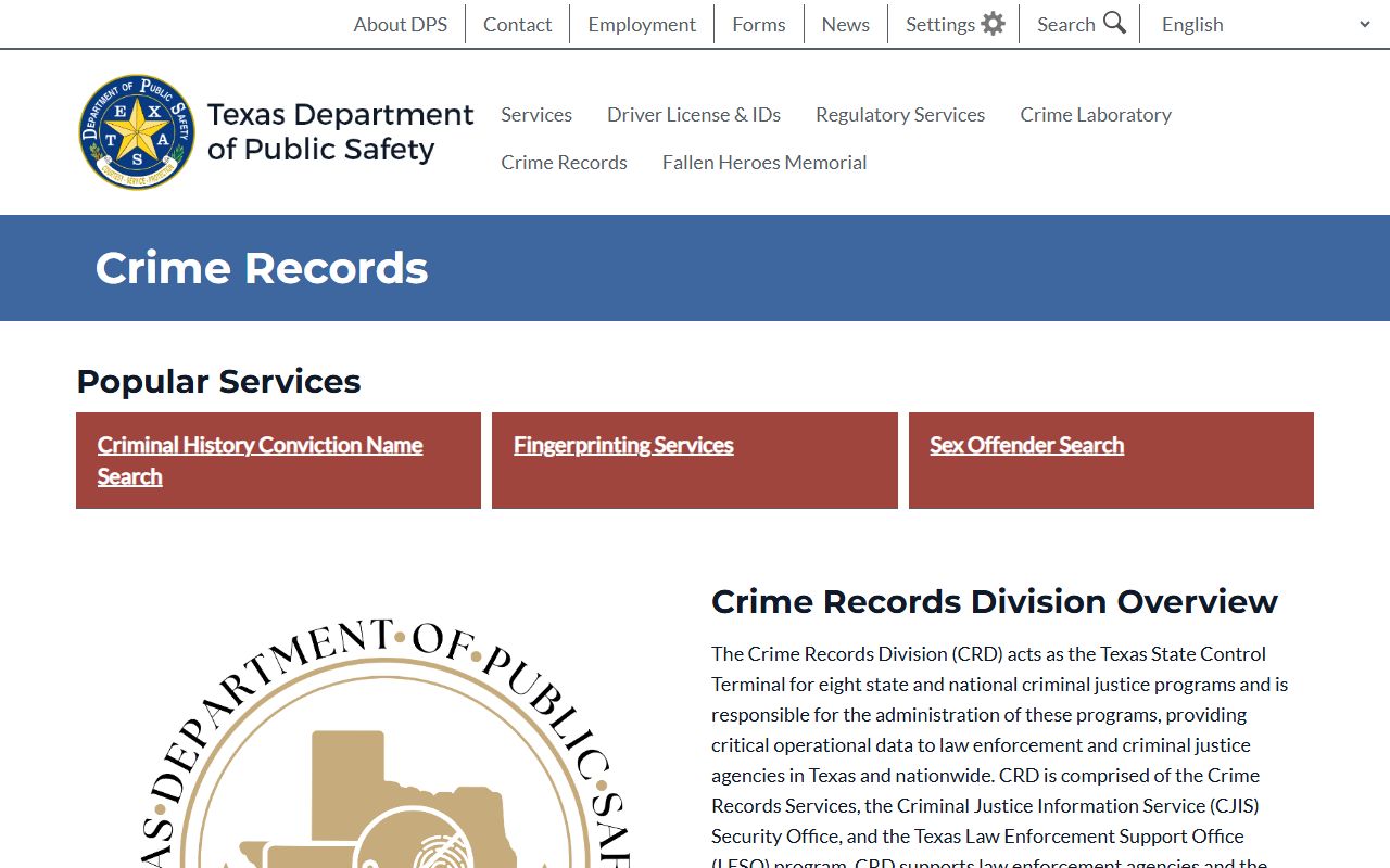 Texas DPS Crime Records portal for police blotter searches